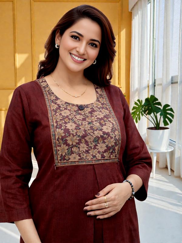Image of RITIJYA Pure Cotton Feeding Kurta Pant Set for Women | Floral Anarkali Pregnancy Dress with Concealed Nursing Zipper Side Pocket | Pre & Post Partum | Maternity Dresses | Baby Shower Outfit