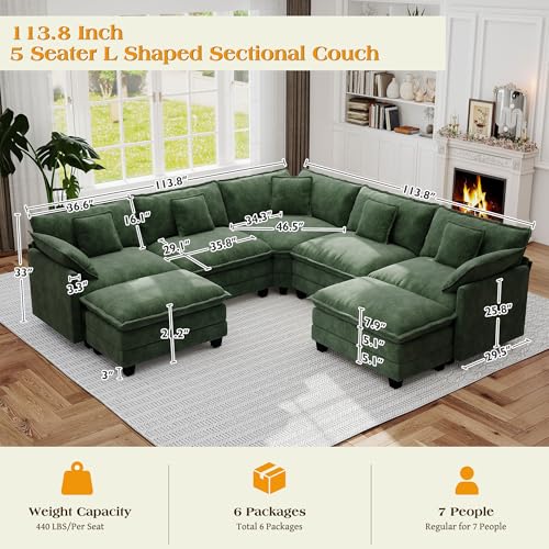 Image of 113.8 inch Modular Sectional Sofa,Cloud Couch for Living Room,Modern Deep Seat Sofa 5 Seater Chenille Fabric Comfy L Shaped Couches with Throw Pillows & Movable Ottoman for Apartment