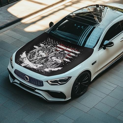 Image of American Flag Gray Wolf Print Car Hood Cover Stretch Polyester Protector for Car Hood Snowproof Automotive Accessories for Most Auto Sedans Trucks Pickup SUVs