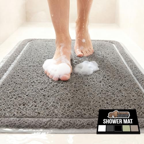 GORILLA GRIP Exfoliating Bath and Shower Mat Textured Backing Soft Loofah-Style Foot Scrubber for Outside or Inside Bathtub Quick Dry Easy Drainage Tub Floor Mats Bathroom Essentials 24x16 Gray