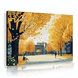 黄色の秋のキャンパステーマキャンバスプリント学生読書とウォーキングウォーキングウォールアートポスターリビングルーム寝室オフィスの壁装飾30x42cmインナーフレーム