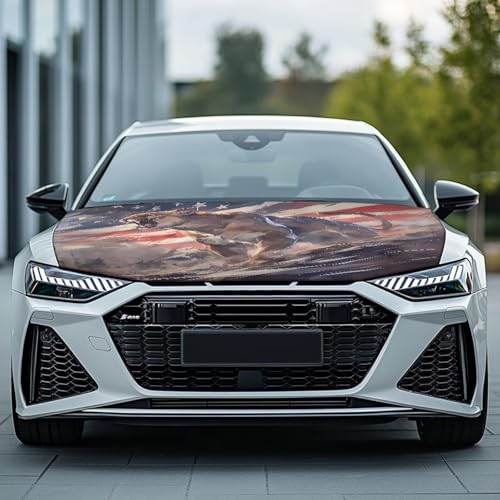 Image of American Flag Leopard Car Hood Cover Stretchable Car Hood Wrap Blankets Waterproof Sun-Proof Auto Exterior Accessories for Most SUV Sedans Trucks (59x39 inches