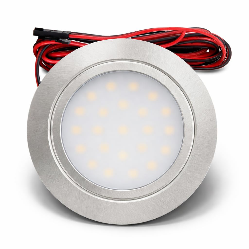 4er Set LED Möbel Einbaustrahler 12V ultra flach 2.4W Einbauleuchten Mila 160lm mit LED Trafo und 230V Zuleitung 3000K Warmweiß Lochausschnitt: 58 bis 60mm Silber Plug and Play Spots