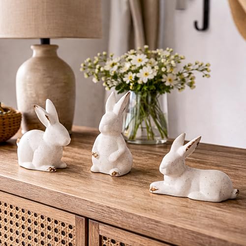 Gleemoria 3 Pcs White Ceramic Bunny Figurines – Easter Bunny Decor, Modern White Rabbit Statues for Home, Tabletop, Bookshelf & Farmhouse Easter Decorations, Spring Gifts for Indoor Tabletop