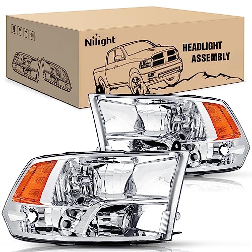 Nilight Headlight Assembly 2009 2010 2011 2012 2013 2014 2015 2016 2017 2018 Ram 1500 2500 3500 Pickup Quad Headlamp Assembly Replacement Chrome Housing Amber Corner Clear Lens,(Only For Quad Models) #TOP9