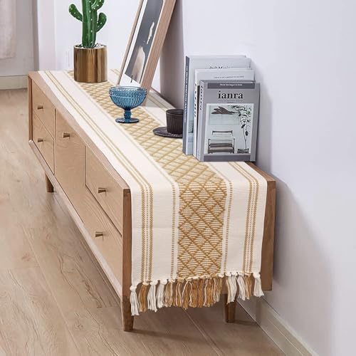 Image of Curated Cart Boho Table Runner 13x70 Inch with Tassels - Cotton Table Runner for 6 Seater Dining Table, Centre Table Runner for Living Room, Farmhouse Dining Table Decor (Brown)