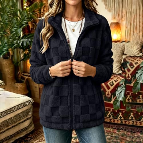 Fleece Jacket Women Checkered Textured Teddy Coat Fall Winter Warm Outfits - image 9