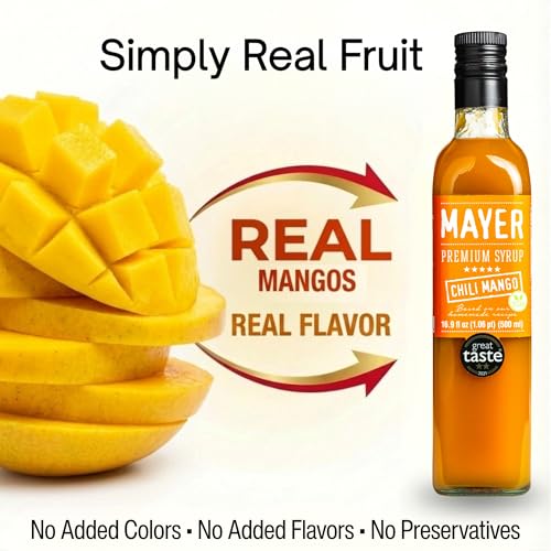 Image of Mayer Premium Chili Mango Syrup - Award-Winning Organic Fruit Syrup, Crafted with 100% Real Fruits, All Natural, Vegan, Gluten-Free - Ideal for Cocktails, Coffee, Desserts, Cocktails (16.9 oz)