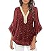Women's V Neck Flare Sleeve Shirts Dressy Sparkly Tunic Tops Flowy Ruffle 3/4 Bell Sleeves Blouses for Party Wear(Wine,X-Large)
