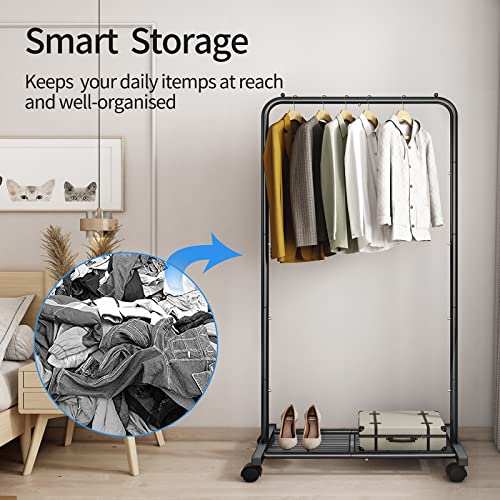 Simple Trending Clothes Clothing Rack, Rolling Garment Rack With Storage Shelves On Wheels, Black #TOP2