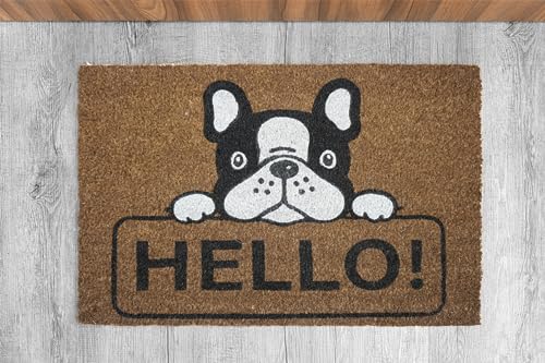 KOKO DOORMATS Kokos Fußmatte außen mit Anti-Rutsch PVC | Lustige Türmatte Hello - Bulldog | Umweltfreundlich, Robust & Pflegeleicht | 60x40 cm für Außenbereich & Haustür