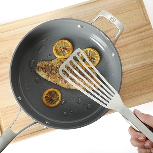 Image of Calphalon Prime Slotted Spatula, Slotted Fish Turner, Stainless Steel Kitchen Flipping Spatula, Flexible Heavy-Gauge Heat Resistant for Seafood, Weighted Handle for Control