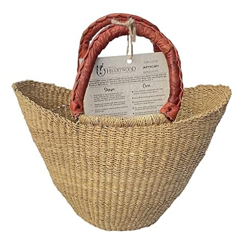 Africa Heartwood Project - Deluxe Small Natural African Shopping Basket with Leather Handle - Classic Heartwood Bolga Market Basket from Women in Bolgatanga, Ghana - 10" U-shape (Flat-packed) Cover