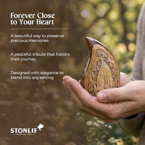 Image of Wooden Teardrop Urns for Human Ashes - 3 Cubic Inches Black Thunderstorm Pattern Cremation Urn, Decorative Keepsake Burial Container for Ashes Adult Male or Female Memorial Display