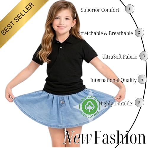 Image of Kids Girls Polo T-Shirt | Half Sleeves | 100% Organic Cotton Rich Bio-Wash Fabric | Ultra Soft & Breathable | Regular Fit | Plain Solid Color Casual Wear & School Uniform
