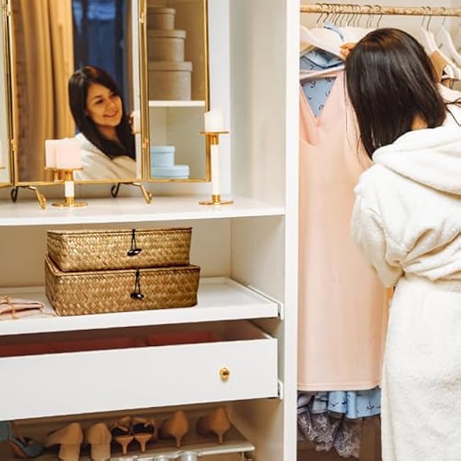 5 Pcs Seagrass Basket with Lid 5 Sizes Decorative Storage Boxes Rattan Wicker Storage Basket with Lids Woven Organizer Baskets Multipurpose Flat Storage Bins for Shelf Closet Bedroom (Brown)