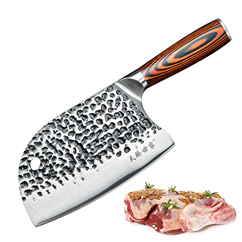 TJ POP Feuille de Boucher Couteau de Chef Chinois, Couteau Chinois de Cuisine 16.5cm Professionnel Couperet de Cuisine avec Design Full Tang,Lame en Acier...