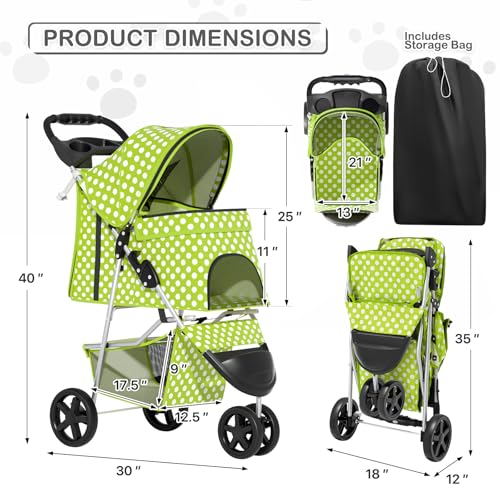 Image of MoNiBloom 3 Wheels Pet Dog Cat Stroller for Small Medium Dogs Cats, Foldable Jogger Stroller w /Storage Basket and Cup Holder, Lawn Green Polka Dots