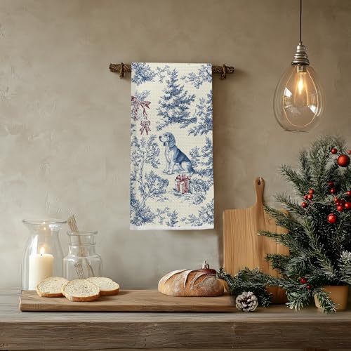 Image of Christmas Chinoiserie Dog Kitchen Towels, Vintage Beagle Dish Tea Towels for Kitchen, Blue French Holiday Decorative Hand Towel for Bathroom, 16x24 Inch