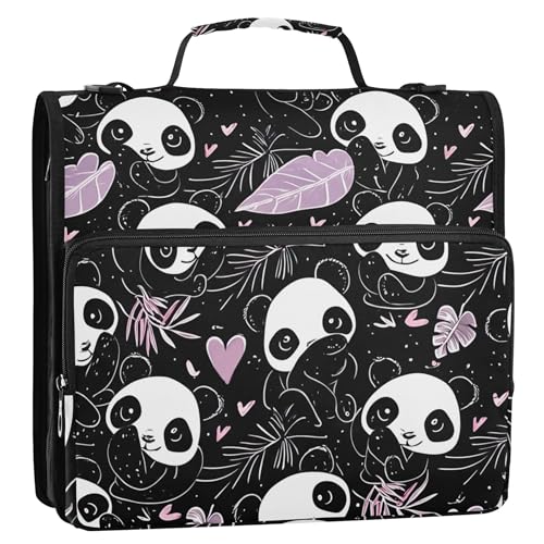 かわいいパンダ ブラック 3リングバインダー 1.5インチ Dリングバインダー ジッパーオーガナイザー ミドルスクールバインダーバッグ ストラップストレージポートフォリオケース ハンドル付き