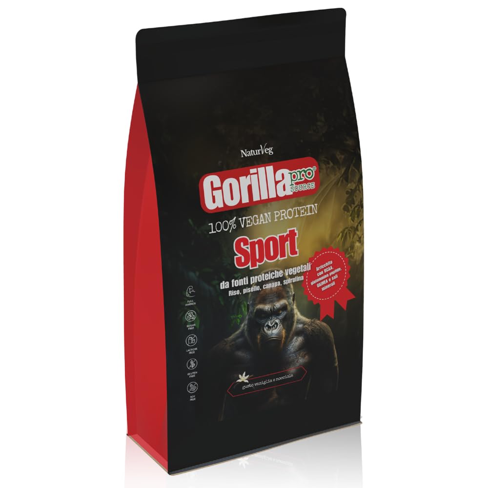 Naturveg® GORILLA PRO SOURCE Sport – Proteine in polvere Vegane da 1kg con BCAA, Glutammina, vitamine B, proteine vegetali di riso canapa, pisello e spirulina (1Kg, Caramello)