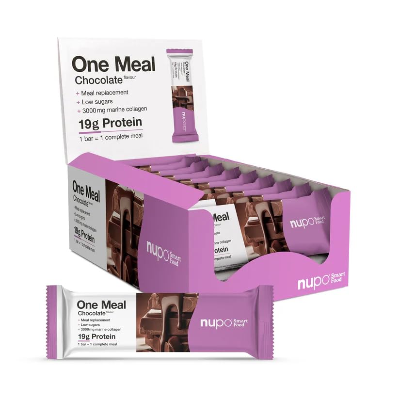 NUPO One Meal Bar – Cioccolato | Gustosa barretta sostitutiva per una dieta equilibrata | Aiuta con la perdita di peso | Ricco di proteine | Con 3000 mg di collagene | 24 vitamine e minerali | 15 x 60