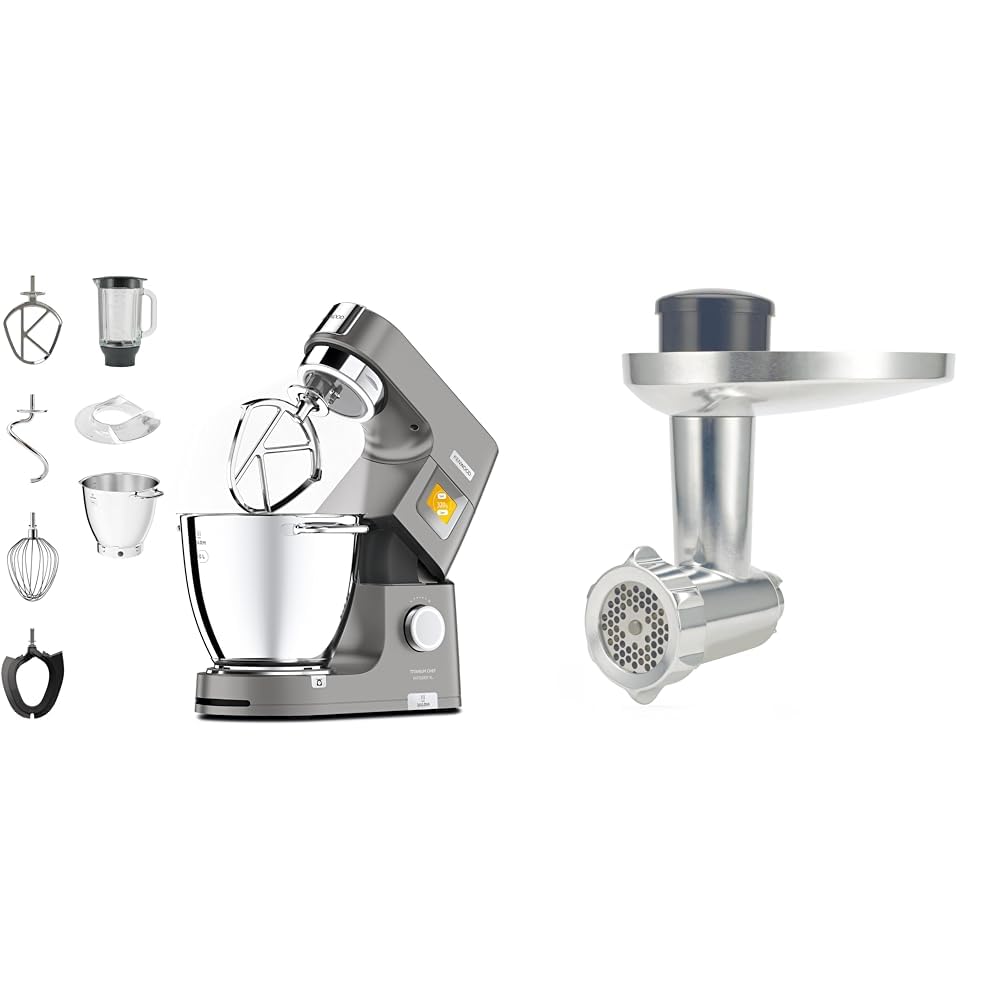 Kenwood Kwl90.034Si Impastatrice Planetaria Titanium Chef Patissier Xl Con Ciotola Easywarm Da 7L & Kax950Me Accessorio Tritacarne Per Impastatrice Planetaria, Acciaio, Argento