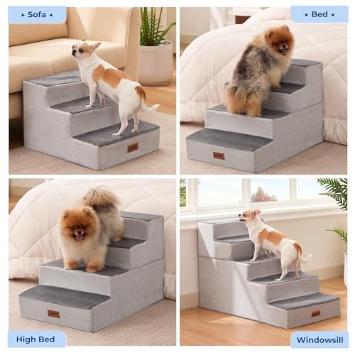 Image of ZOMISIA Dog Steps for Couch - Extra Wide Pet Stairs for Small Dogs and Cats, Dog Steps with Non-Slip Bottom Grey 3 Steps, Grey