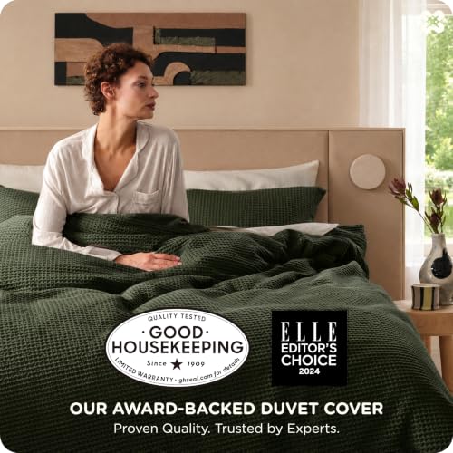 Image of Bedsure Cotton Duvet Cover King - 100% Cotton Waffle Weave Olive Green Duvet Cover King Size, PureWoven Breathable Bedding Set for All Season, 3 Pieces, 104 inchx90 inch