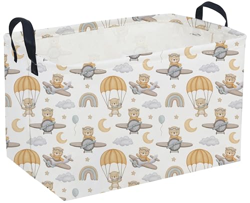 Image of Sanjiaofeng Rectangular Kids Basket Bear Storage Bins,Cute Storage Basket with Handles.Clothers,Books,Kid's Gifts Bins. (Airplane Bear)