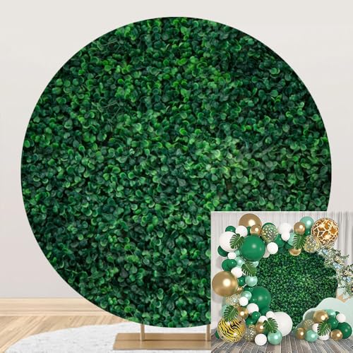 Laeacco 7.2x7.2ft Greenery Green Leaves Round Backdrop Spring Nature Grass Photography Background Baby Shower Gender Reveal Bridal Shower Birthday Wedding Party Cake Table Decor Portrait Booth Props