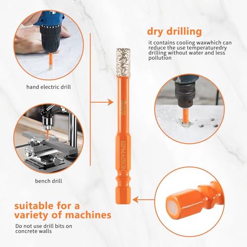 HPMAISON 6tlg. 6mm Diamantbohrer Fliesenbohrer Glasbohrer Set, 1/4 Sechskant Schaft E 6.3 Trockenbohrer Diamantbohrer für Keramik, Granit, Glas, Porzellan, Fliesen, Harte Fliesen, Feinsteinzeug