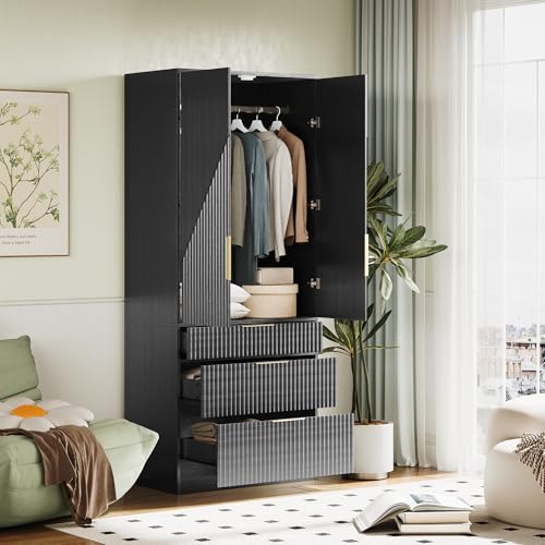 71.7" Wardrobe Armoire Wooden Closet with 2 Doors and 3 Drawers, Bedroom Armoire with Hanging Rod Shelf, Large Capacity Storage Wardrobe Armoire, Freestanding Wooden Closet Storage Cabinet Black - Image 4