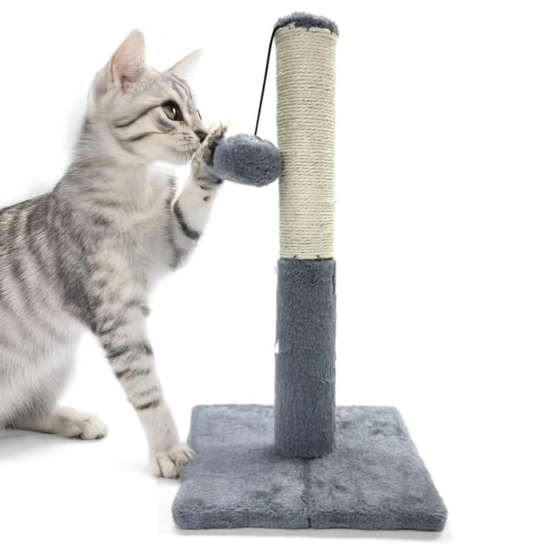 Pets Crew 48cm Cat Scratching Post with Sisal Pole, Plush Base, Pom-Poms, Grey, 48 cm