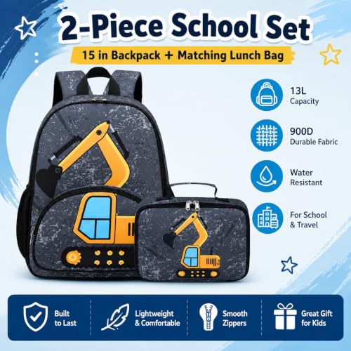 Image of LOIDOU Backpack Boys Girls Preschool Backpacks for Kids School Bags Kindergarten BookBag Set Toddler Backpack with Lunch Box (Truck Gray)