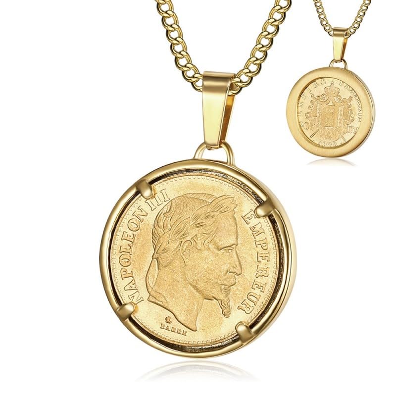 BOBIJOO Jewelry - Pendentif Pièce 20 Francs Napoléon III Tête Laurée Louis Plaqué Acier Or Chaîne Collier 1868