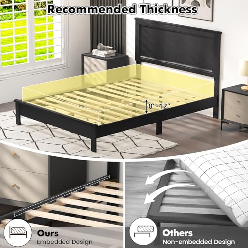 Image of GIANTEX Wood Queen Platform Bed Frame with Headboard, Mid Century Bed Frame with Solid Wood Legs & Wooden Slat Support, Easy Assembly Supports 500 LBS, Black Bed