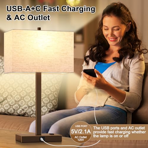 Image of Lynnoland 21 inch Set of 2 Table lamp with USB A+C & AC Outlets, Touch Control 3-Way Dimmable Nightstand Lamps for Bedroom Living Room Office Reading, Line Shade Touch Lamps, 3000K LED Bulbs Included