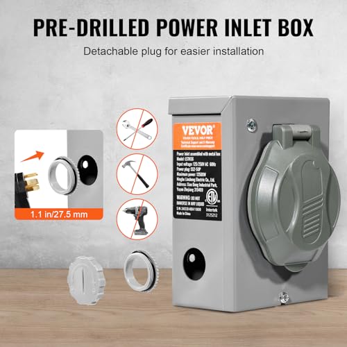 Image of VEVOR 50 Amp Generator Cord and Power Inlet Box Kit, 50FT Generator Extension Cord NEMA 14-50P /SS2-50R STW 6 /3+8 /1 AWG with Twist Lock Connector, Pre-Drilled Inlet Box, ETL Listed