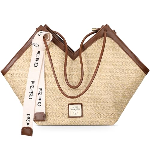 Straw Beach Tote Bag for Women, Summer Woven Tote Bags with Zippe...
