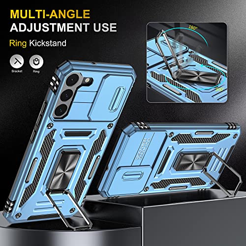 Image of Slide Camera Cover with Ring Holder Mobile Phone Case Cover for Samsung Galaxy S22 Plus / S22+ (Blue)