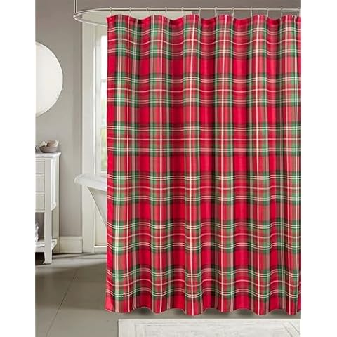 Serafina Home Holiday Christmas Shower Curtain for Bathroom: Elegant Fabric Holiday Christmas Plaid Ornamental Design, Red, Green, and White Decorative Print Design. Cover