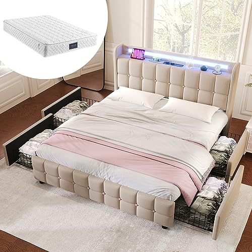 Arhatreya Cama tapizada de 140 x 200 cm, cama doble con función de carga USB, cama de almacenamiento con 4 cajones, estructura de cama con somier, cama con LED para adolescentes y adultos (con