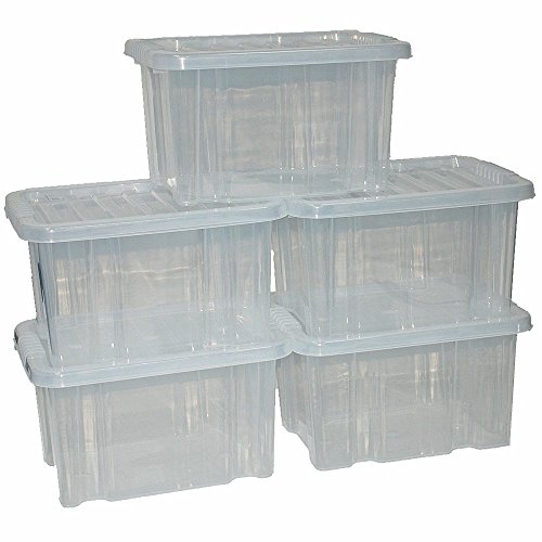 CrazyGadget® 24L 24 Litre Plastic Storage Clear Box Strong Stackable Container - Pack of 5 (Clear Lid)