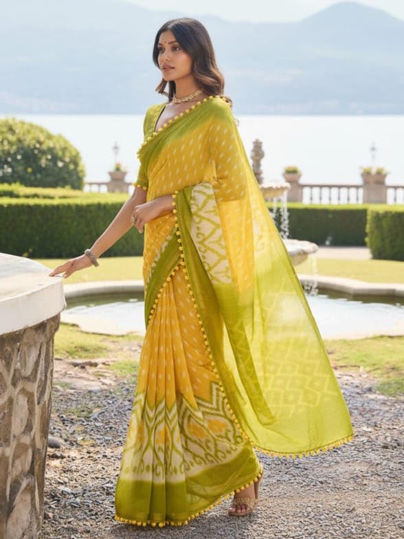 Image of Women's Linen Cotton Blend Saree Multicolor Ikat Brush Print Scalloped Border with Floral Print Unstitched Blouse Piece