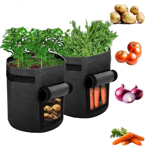 DIVCHI Potato Grow Bags 2 Pack Potato Growing Bags with Harvest Window & Handles Reusable Grow Bags for Vegetables Outdoor Potato Planters Black (10 Gallon)