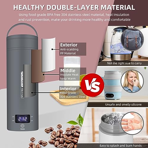 Image of Travel Electric Kettle Portable Small Mini Tea Coffee Kettle Water Boiler, Water Heater with 4 Temperature Control,304 Stainless Steel with Auto Shut-Off & Boil Dry Protection, BPA-Free (Grey)