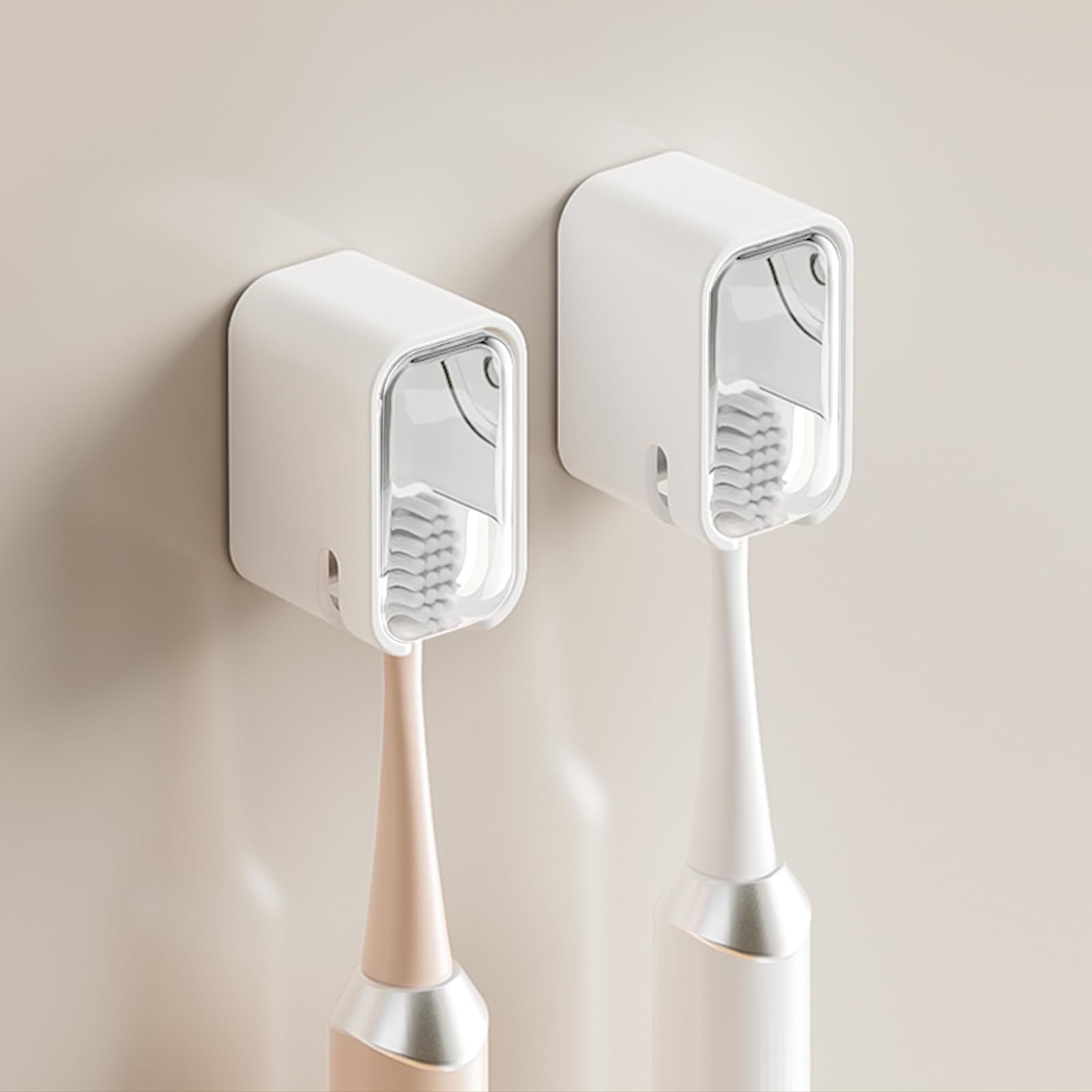 Wall Mounted Toothbrush Holders for Bathroom,Strong Self Adhesive Tooth Brush Holder with Cover, Toothbrush Heads Organizer for Family, Clear White - 2 Pcs