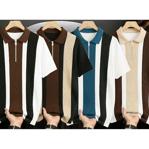 Image of AUSK Men's Textured Vertical Striped Knit Polo T-Shirt | Half Sleeve Zipper Neck Self-Design Casual Tee | Mens Tshirts