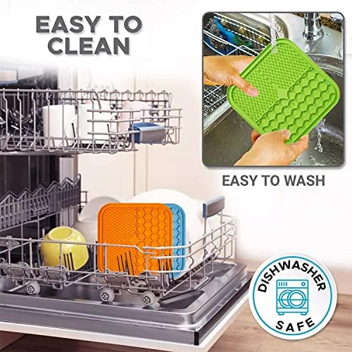 JEHF Lick Mats for Dogs, 3Pcs Slow Feeding Licky Mats for Dogs with Suction Cups, Dog Lick Mats for Treats/Food, Food Grade Silicone, (Green Dog Mat + Blue Dog Food Mat + Yellow Spatula)